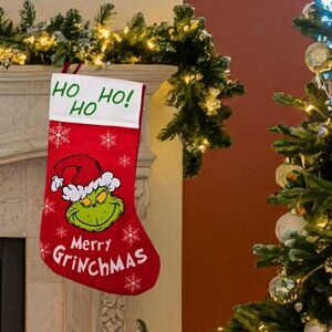 Merry Grinchmas Christmas Stocking Decor 13" x 6" Grinch Santa Hat Red NEW